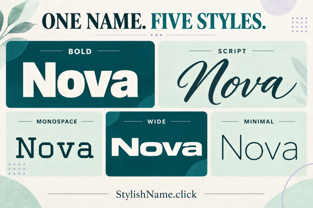 The name Nova shown in five distinct font styles: bold, script, monospace, wide and minimal.